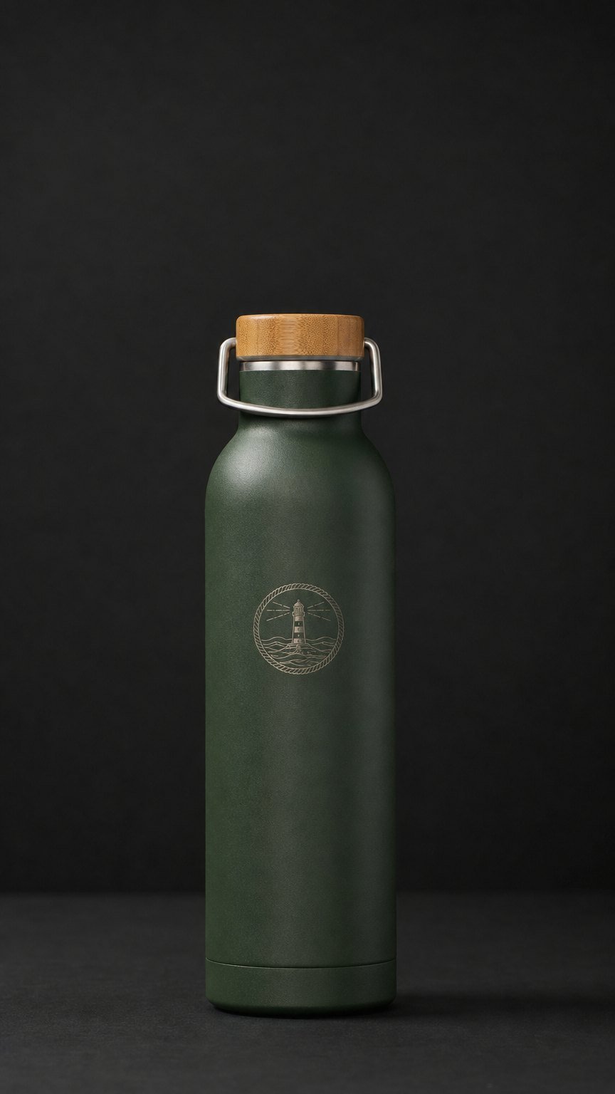 The Bosun Bottle in matte forest green with bamboo lid and etched badge.