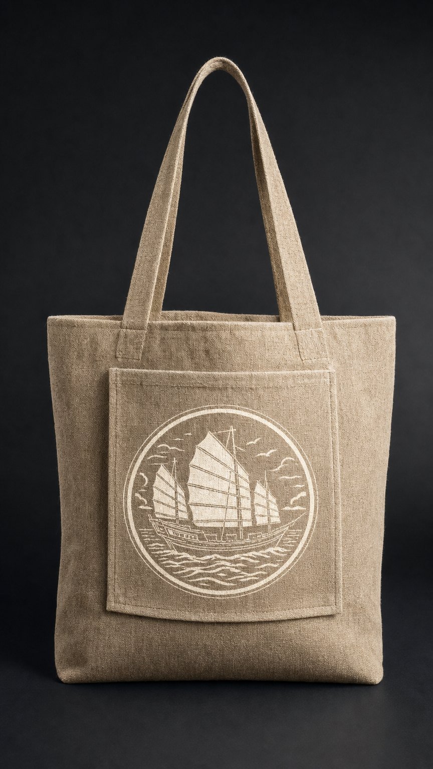 The Dock Bag in natural hemp canvas with the Heraclitus badge screen print.