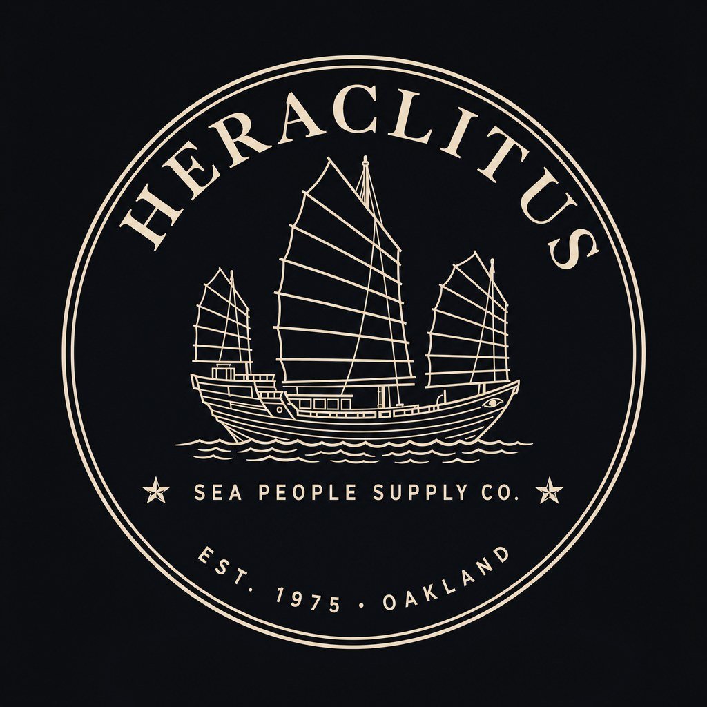 Sea People Supply Co. brand badge: a junk-rigged ship in a circular maritime crest reading Heraclitus, Sea People Supply Co., Est. 1975 Oakland.
