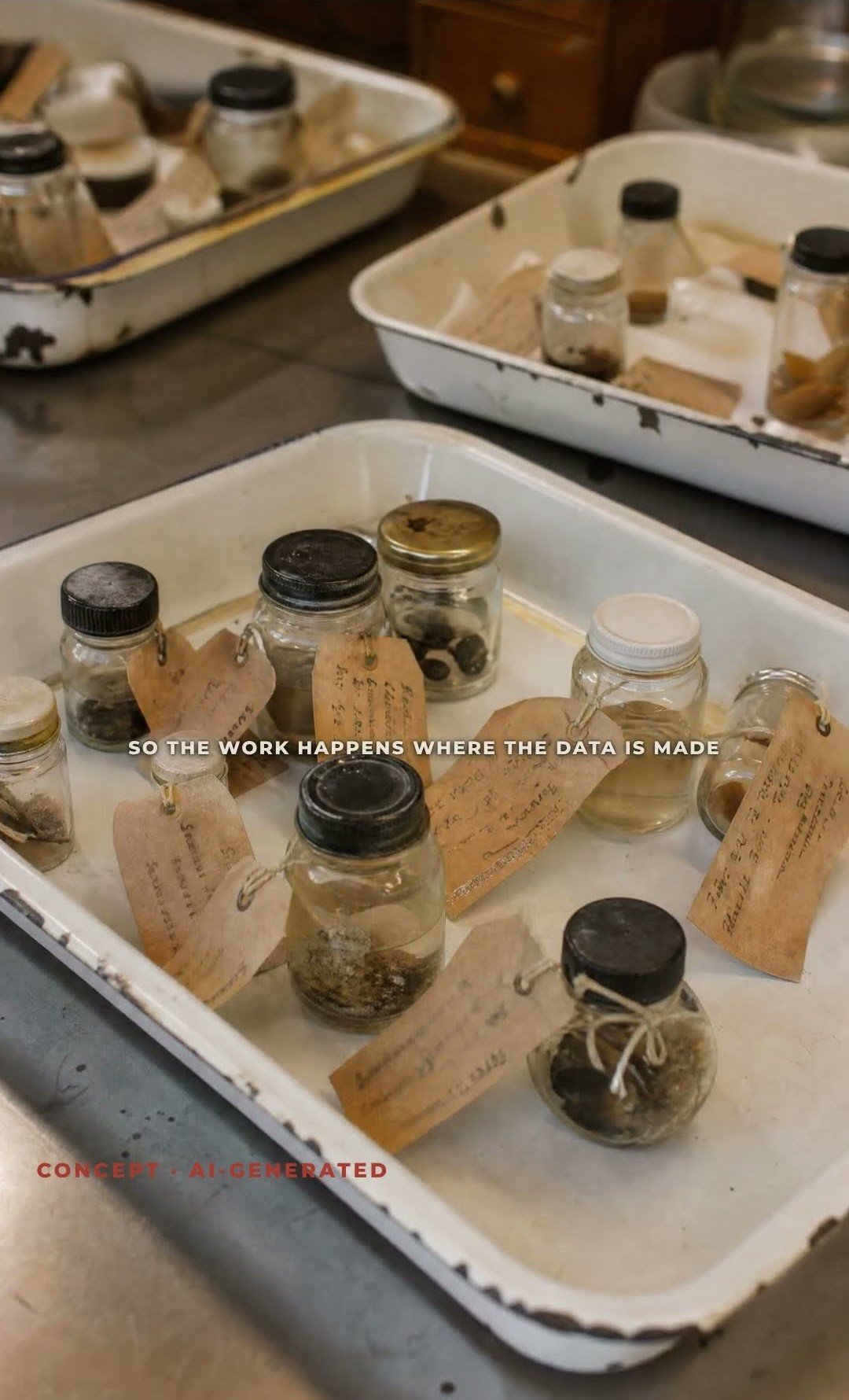 Still from episode 07, The Ship Keeps the Notebook — trays of labelled specimen jars on a workbench