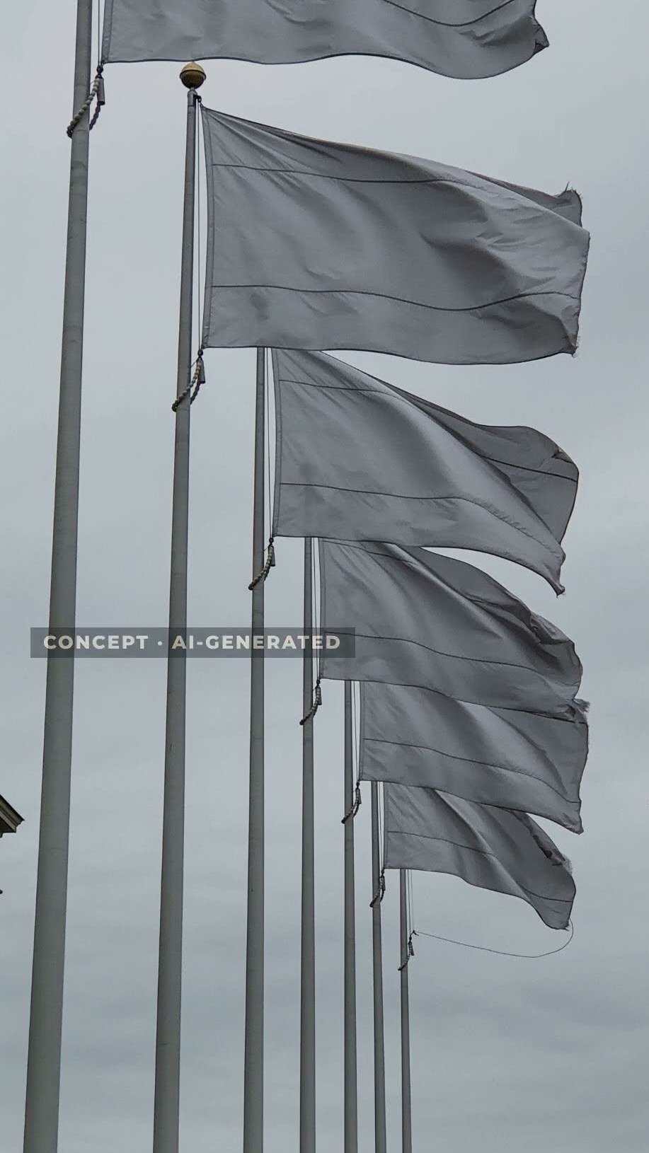 Still from episode 12, No Country — a rack of blank flags on grey poles against an overcast sky, concept imagery